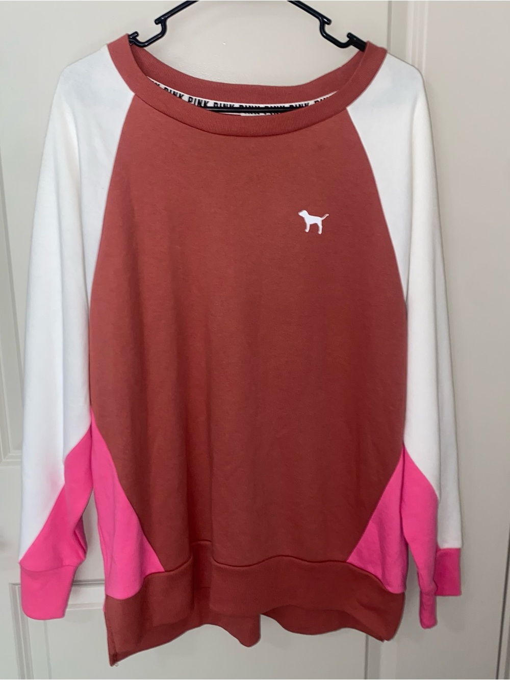 Victoria's Secret PINK Colorblocked Raglan Sweatshirt - Rust, White & Hot Pink